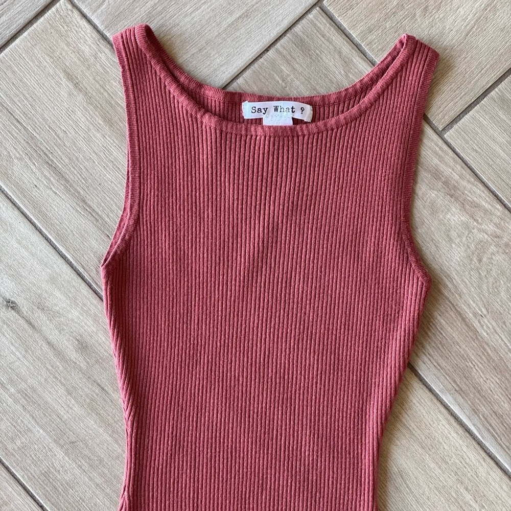 Say What? Ribbed Asymmetrical Tank Dress in Dusty Rose - Picture 4 of 6